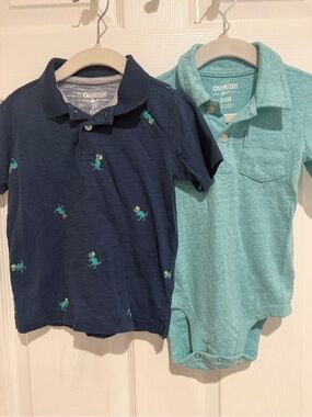 OshKosh Toddler Polo Shirt Bundle Dinosaur Print Blue Green 24M 2T